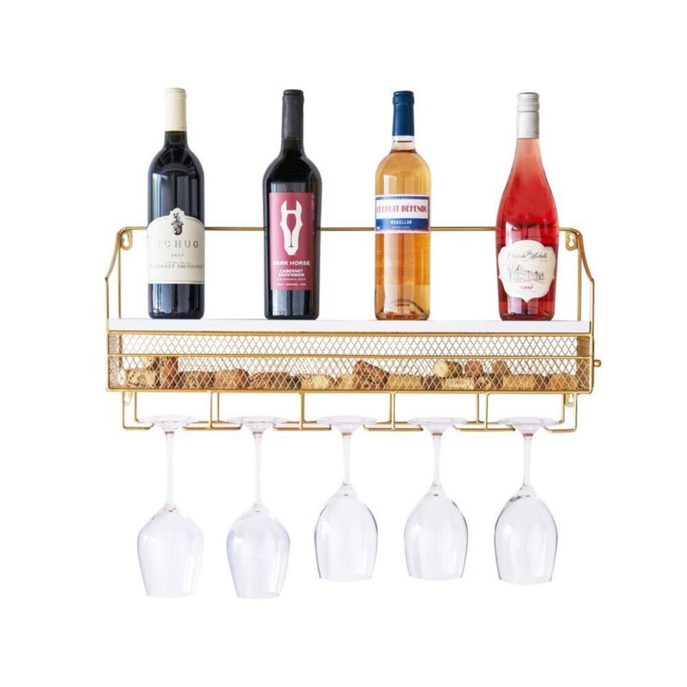 Wall Mounted Wine Rack Holds 8 Bottles & 5 Wine Glasses Gold Finish